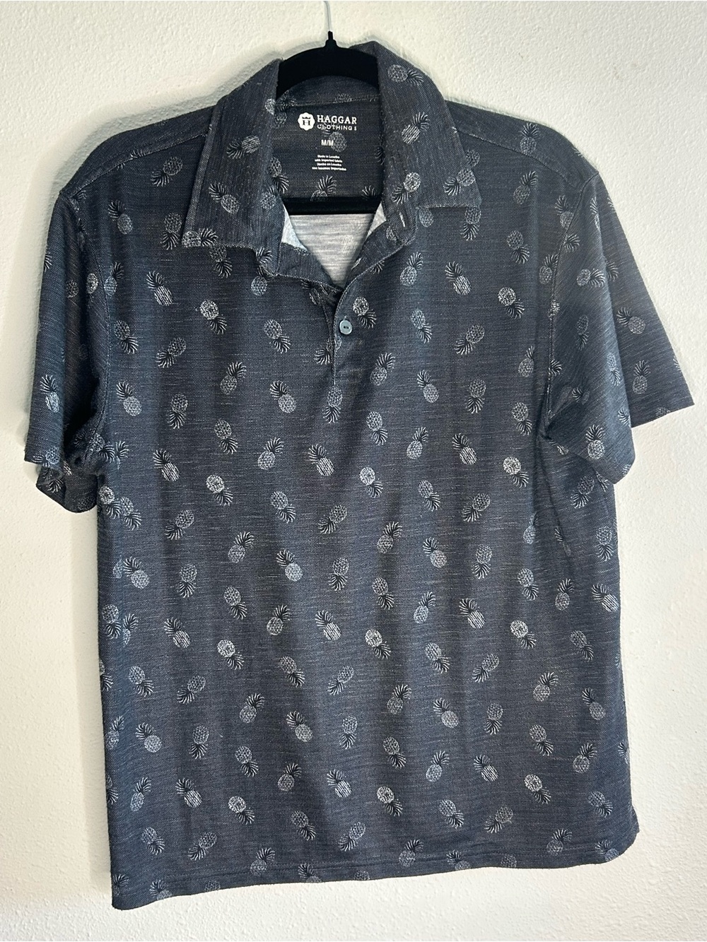Haggar Navy Polo with Light Blue Pineapple Print
